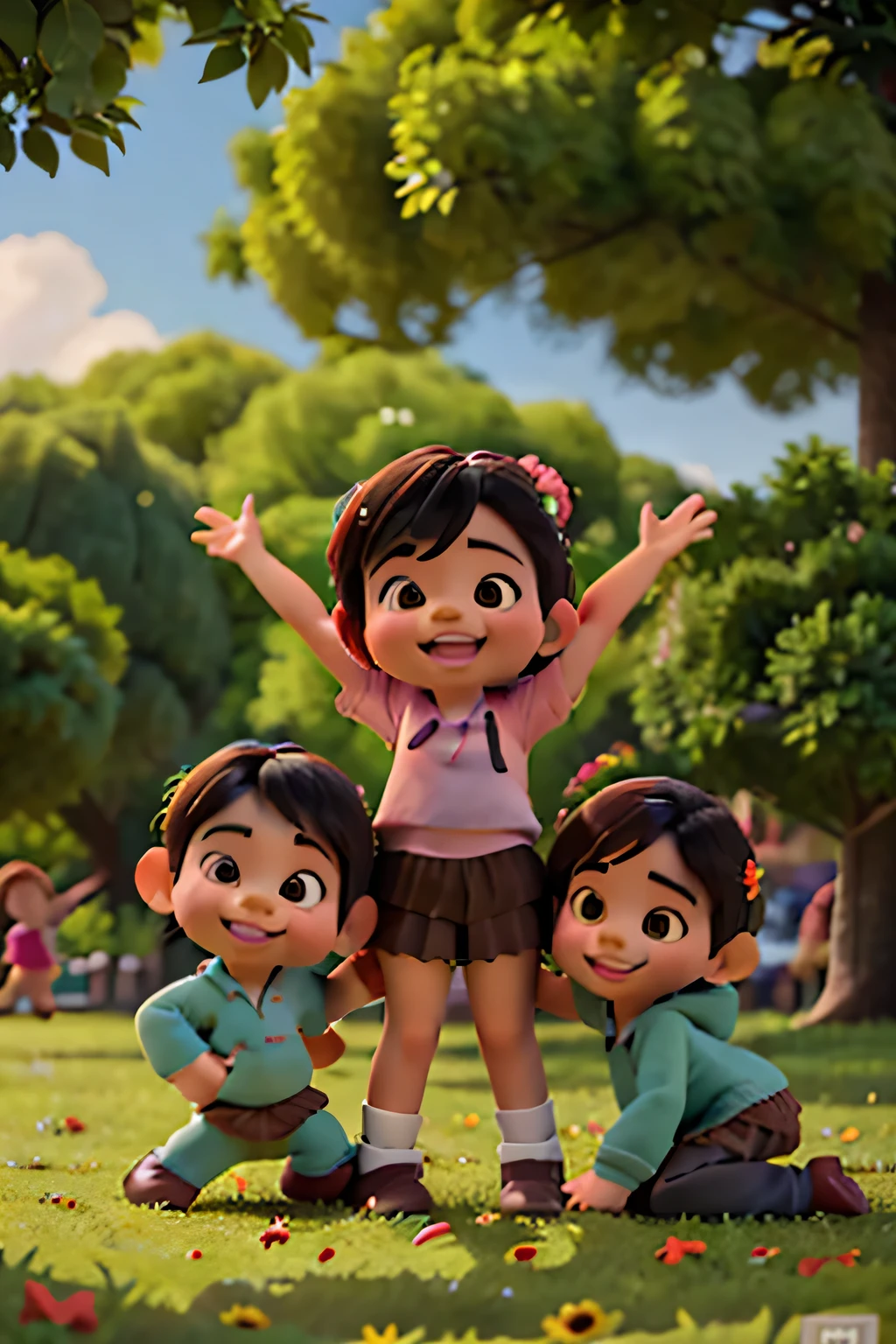 Three children playing happily in a sunny park, surrounded by green trees and colorful flowers, various poses, children's book illustration style, simple, cute, 6 years old, colors, brown hair, super realistic drawing
