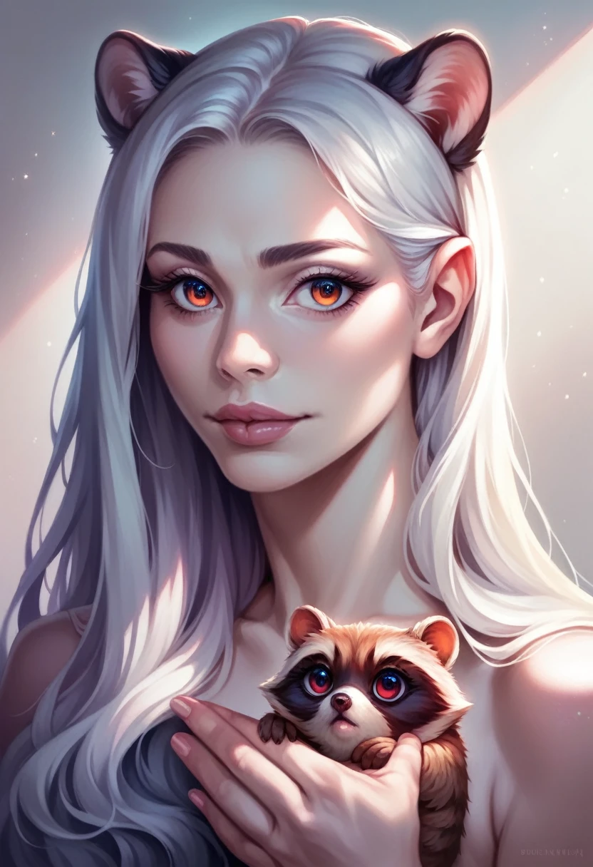 a black caretaker holding a baby raccoon, beautiful detailed eyes, beautiful detailed lips, extremely detailed eyes and face, long eyelashes, portrait, hyperrealistic, 8k, high quality, intricate details, photorealistic, studio lighting, vibrant colors, warm color palette, cinematic lighting
