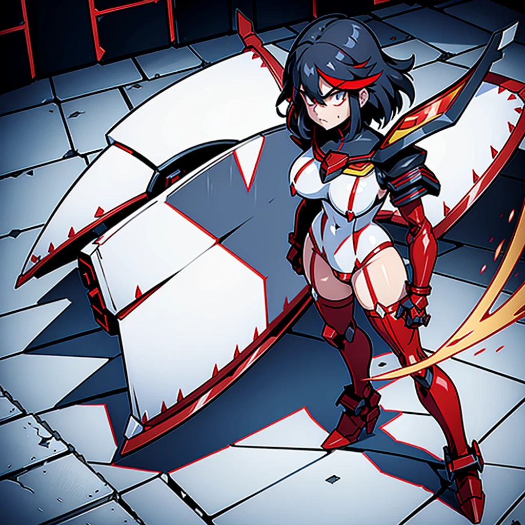 Kill La Kill_Character_Ryuuko, White and Dark Red Captain outfit with a wide and large cuirass, styled in heavy Gundam armor and Officer-style outfit (Extremely Bulky Armor), standing in large central room, city destroyed, sexy