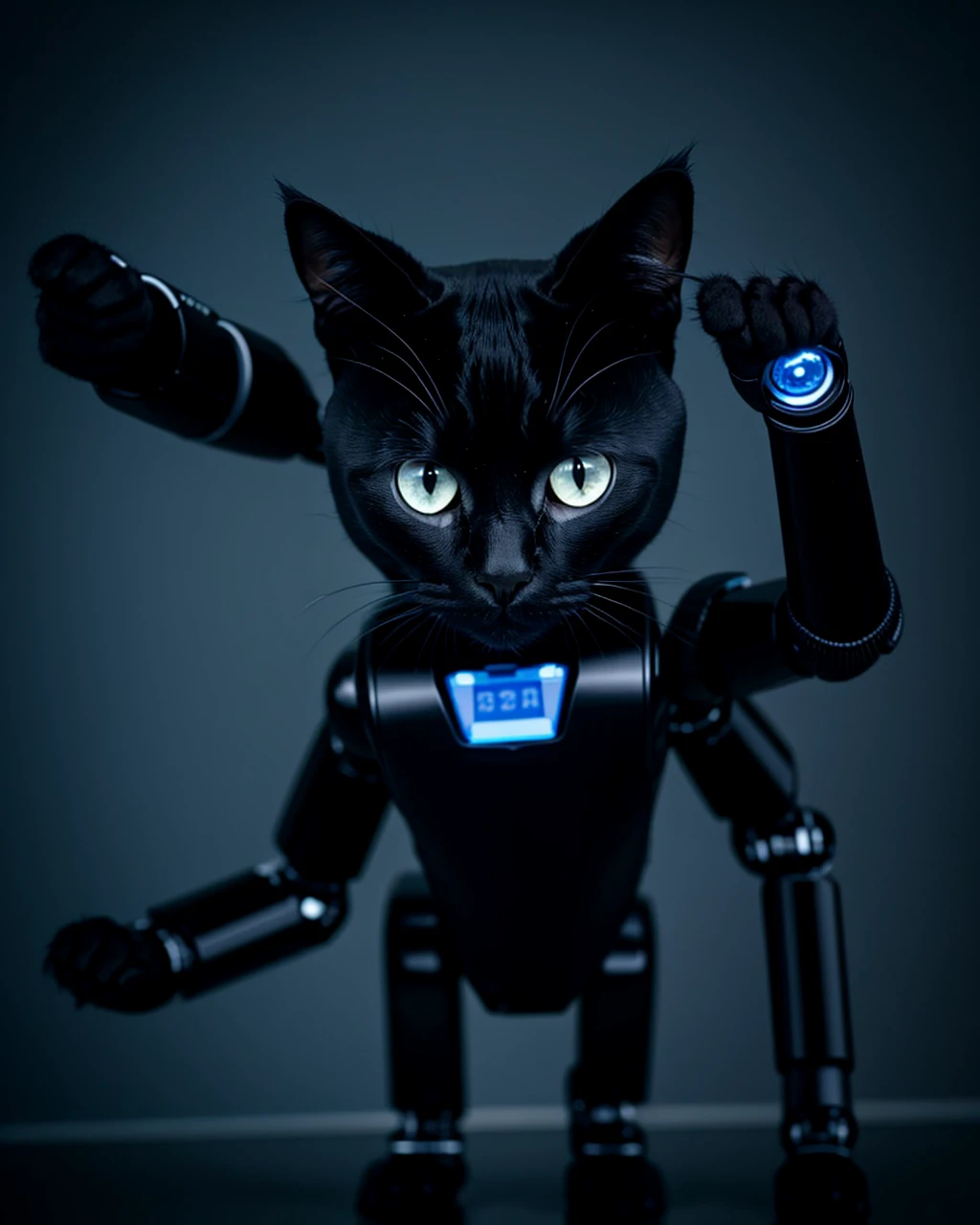 A black robotic cat looking nervous and pointing to something in the distance