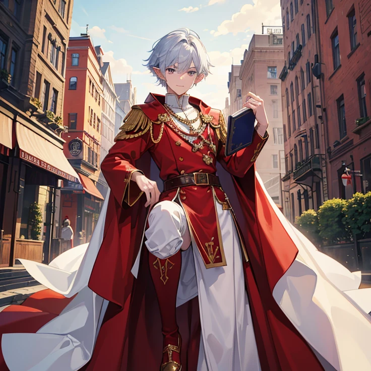 (masterpiece, best quality, detailed), Very detailed best high quality image, very detailed background, very detailed full body character)
1ElfBoy, scarlet-red short hair, short elf ears purple eyes, slender male body, handsome naive appearance, pacifist demeanor, peaceful smile
Clothing: (blue danish stylez noble prince uniform with rich silver details, white noble pants, red leather shoes), (holding a book with his right hand on his right hip)
Scenery: viking moder street and city, with modern buildings styled of viking features