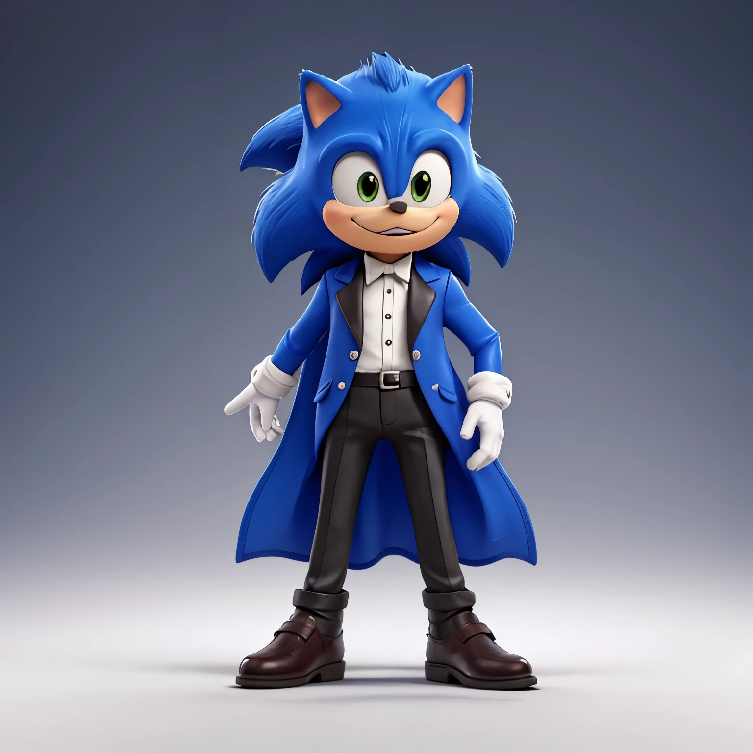sonic with huge feet in front, pointed toe leather ankle boots, butler outfit, butler hat, White background