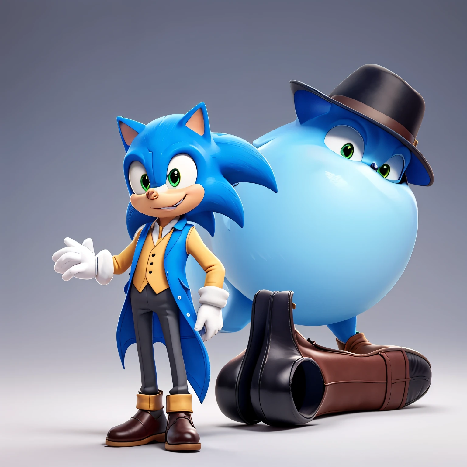 sonic with huge feet in front, pointed toe leather ankle boots, butler outfit, butler hat, White background