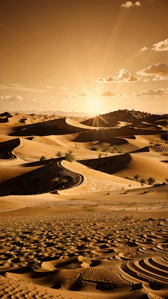 a vast desert landscape, sand dunes, desert oasis, desert sun, dramatic sky, lone traveler, ancient ruins, desert wildlife, minimalist composition, sand textures, warm color palette
