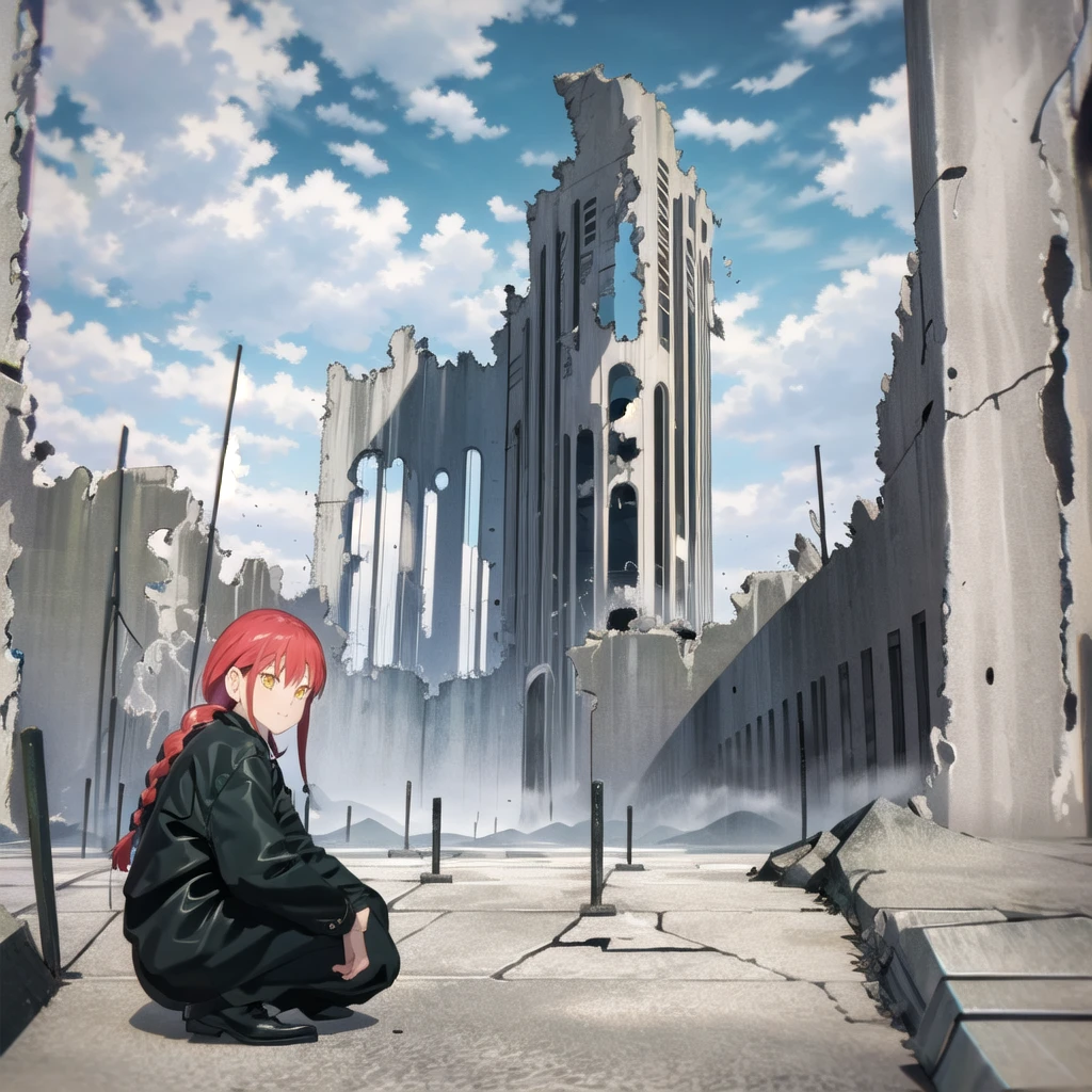 (masterpiece, best quality, detailed), 1girl, solo, looking at viewer, hat,
makima, ringed eyes, long hair, bangs, braided ponytail, sidelocks, edgBlkMage, wearing edgBlkMage, ruins, overgrown, rubble, pillar, outdoors, building, light rays, fog, squatting, from side, smile, closed mouth