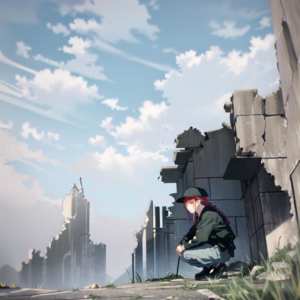 (masterpiece, best quality, detailed), 1girl, solo, looking at viewer, hat,
makima, ringed eyes, long hair, bangs, braided ponytail, sidelocks, edgBlkMage, wearing edgBlkMage, ruins, overgrown, rubble, pillar, outdoors, building, light rays, fog, squatting, from side, smile, closed mouth