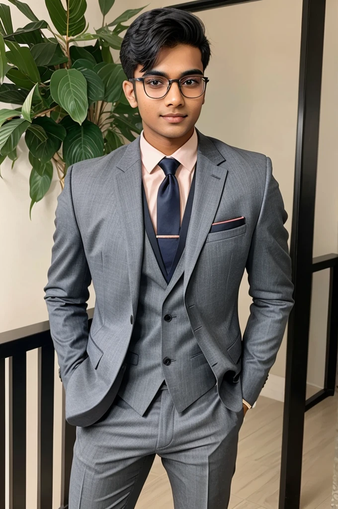 21 year old indian boy withfair skin wearing spectacles and narrow body posing for a linkedin picture in formals