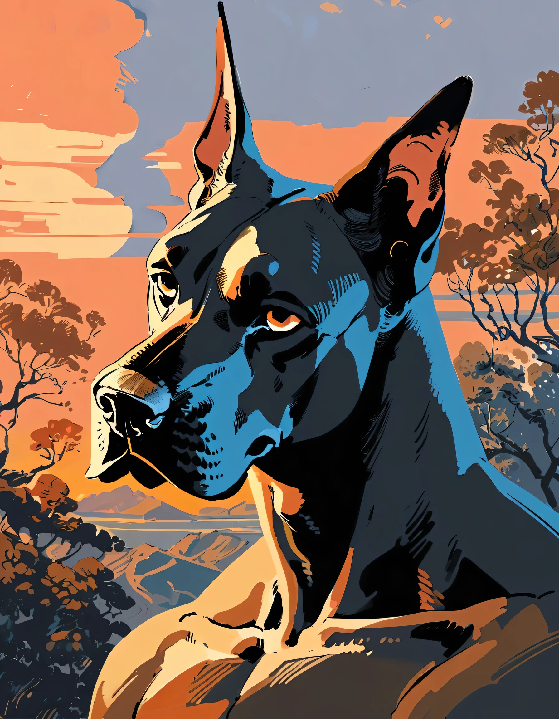 solo, male, anthro, (Great Dane), by seyorrol, digitigrade, digital artwork, (flat colors:1.2), ((detailed background)), (perfect hands), intricate detailed background, powerful silhouette, mysterious shadows, realistic shading, (epic, masterpiece, high quality, 8k, ultra HD, absurd res, top quality, best quality, max quality, masterpiece), ((sexy, ((masculine body)))), (eye contact, detailed eyes), (tail:1.2), dusk, ((headshot)), close up, lots of fur,