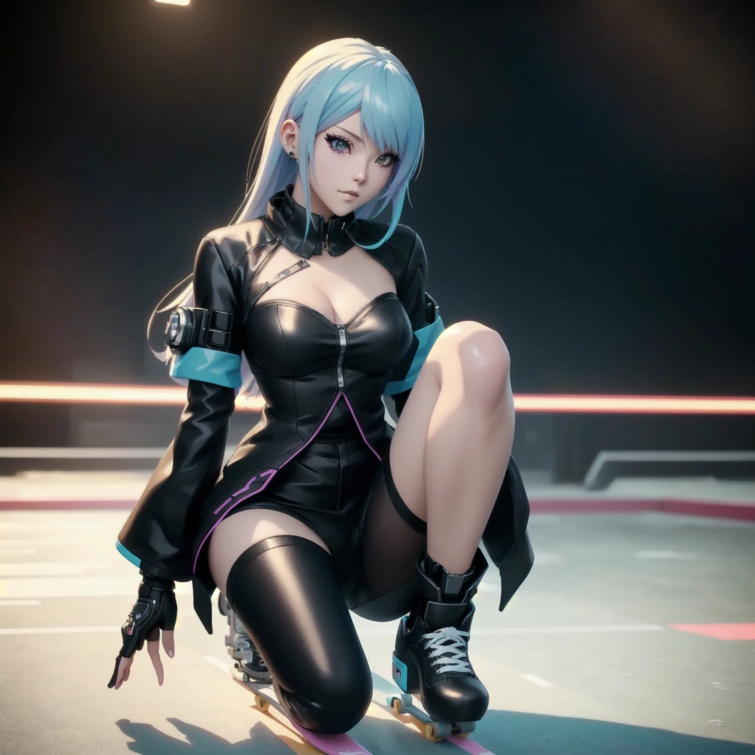 a closeup of a woman dressed in black kneeling on a skateboard, 4K anime style, soft anime cg art, female cyberpunk anime girl, anime rudo 8k, cyberpunk anime girl, ross tran 8k, cyberpunk anime digital art, seductive anime girl, 3D 8k rendering character art, photorealistic render of anime girl, 3d anime girl