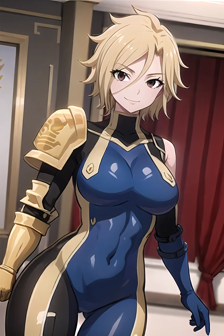 masterpiece, best quality, dimaria, 1girl, short hair, blonde hair, brown eyes, bodysuit, pauldron, shoulder pads, shoulder armor, boots, skin tight, covered navel, large breasts,closeup, upper body, smile, room,