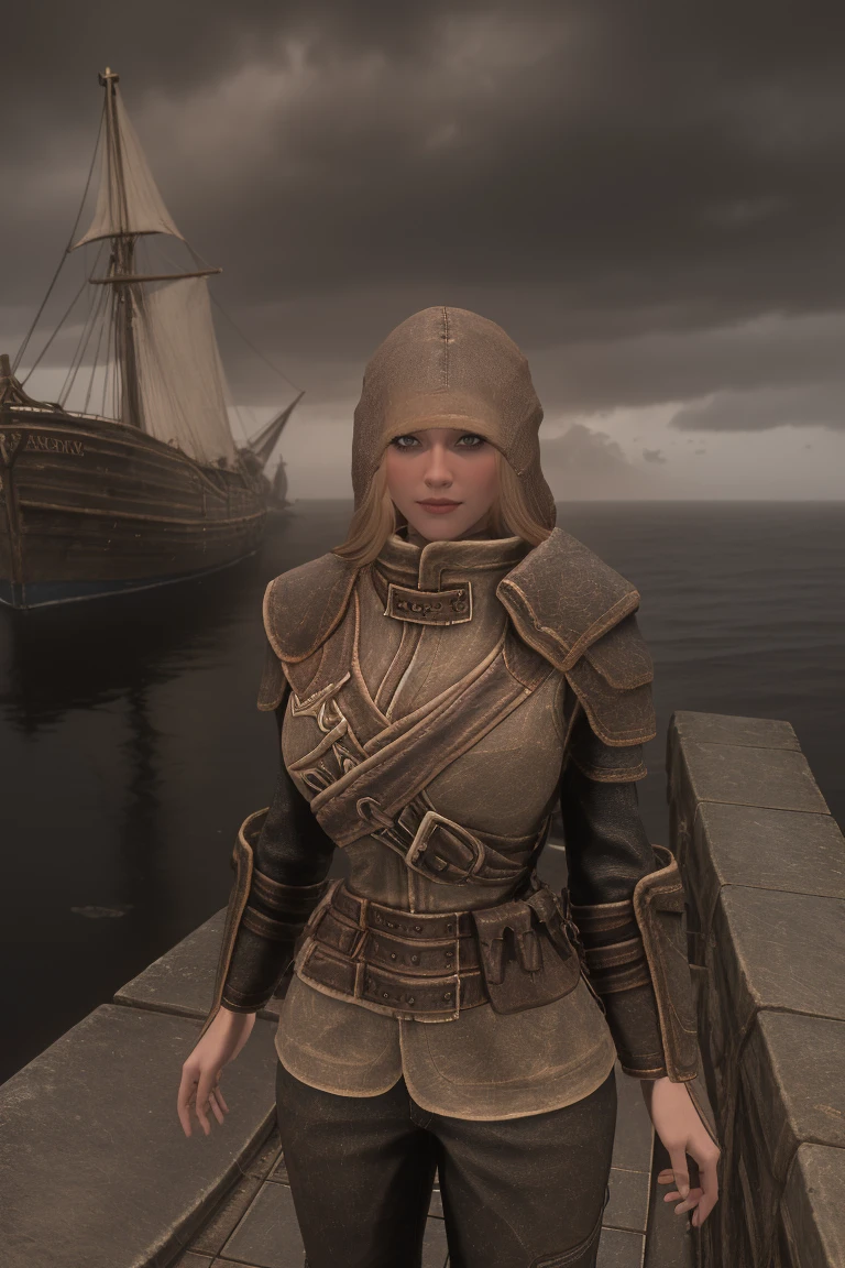 A majestic female Breton stands at the the ship, her long, blond hair whipping in the rain-soaked wind. She wears a worn leather hood, its edges flapping open to reveal her determined expression. The grey sky above is reflected in the calm waters, as the ship cuts through the misty veil shrouding the horizon, bound for the mystical realm of Skyrim.