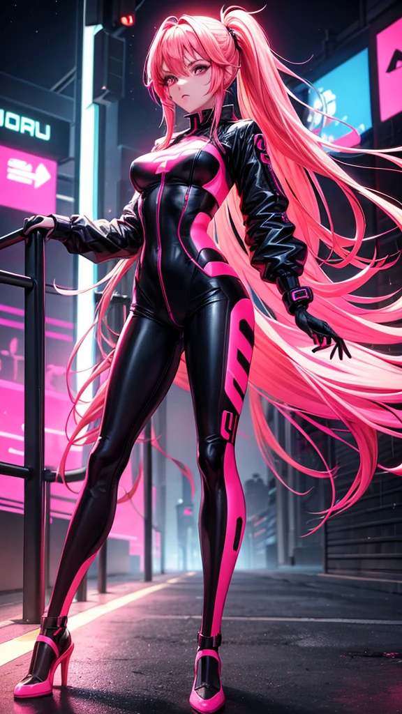 A woman in neon red and neon pink cybernetic outfit full body
