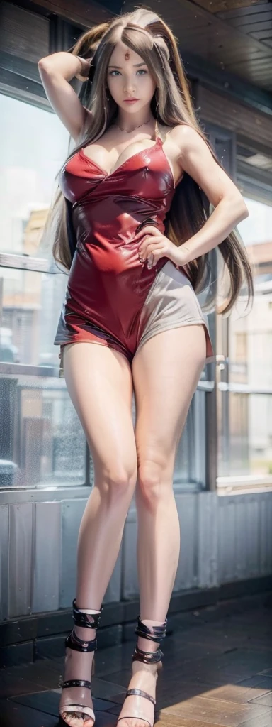 realistic, 1 women, best quality, 12k, HD, long hair, big round breasts, cleavage, ponytail, necklace, jewelry, shorts, short jacket, slim hips, hair tie, yellow eyes, black hair, super detailed, Eye details, hair details, person details, mouth details, face details, breast details, clothes details, hair details, pants details, hand details, whole body