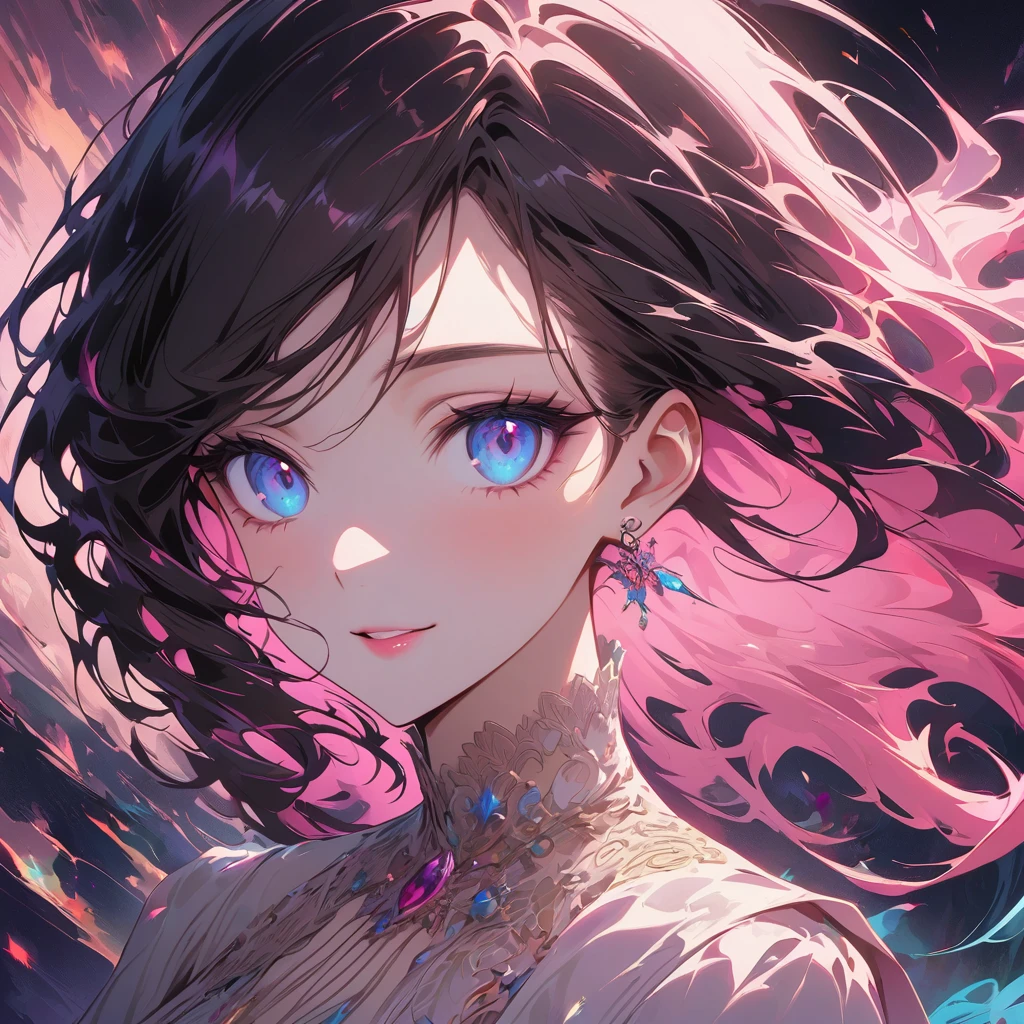Generate an anime-style portrait of a young female character with long, flowing pink hair, piercing blue eyes, and a gentle smile. She should be wearing a white dress with intricate lace detailing.