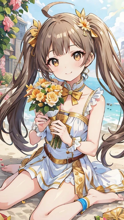 masterpiece, best quality, 4k, caustics, high details, sparkle, front view, poolside, sitting, wariza, white dress, bare foots, 1girl, lolita, twin tails, 1ahoge, flaxen color hair, straight bangs, (gold color eyes), droopy eyes, sparkling eyes, flat chest, small breasts, slender, super happy smile, strong sunlight, holding a bouquet in hand, colorful flowers, flower garden