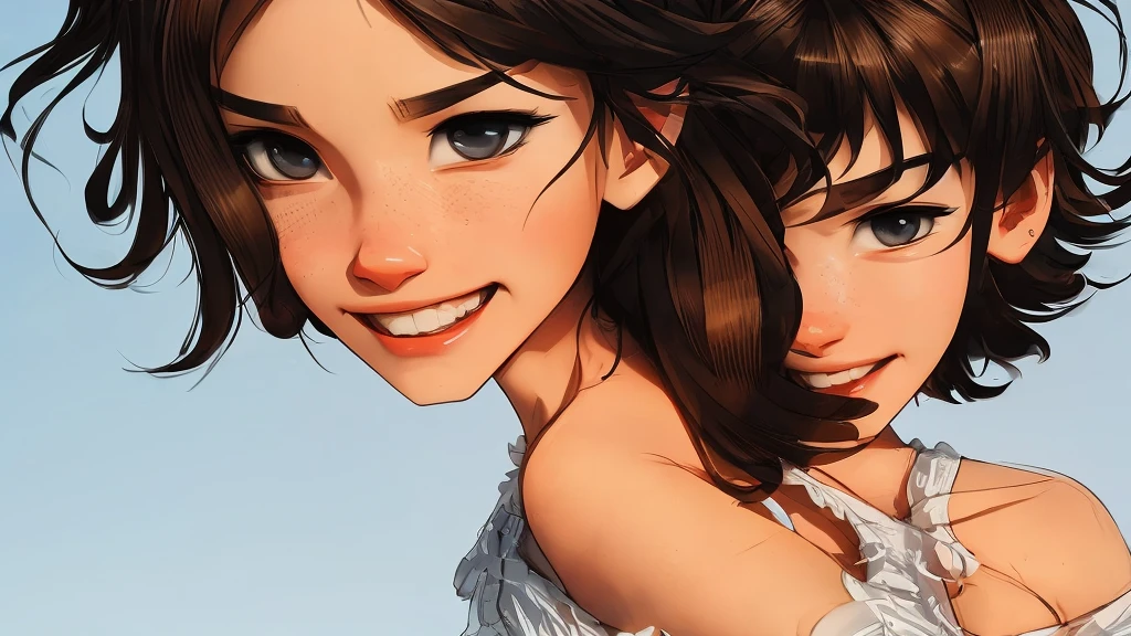 (Extremely-detailed, trending on Artstation, sharp focus, intricate details, highly detailed), (masterpiece:1.4), (best quality:1.4), depth of field, chromatic aberration, 3d animated cartoon, vibrant, colorful, Ink, Perfect Anatomy, (Dynamic pose:1.2), 1 girl, solo, brunette hair, Shoulder-Length Hair, Coarse Hair, Shoulder-Length Curls, wavy hair, black eyes, fine eyes, small breasts, collarbone, long sleeves, white crop top, frilled skirt, fingerless gloves,full body, smiling, arched back, attractive curves, slender athletic body