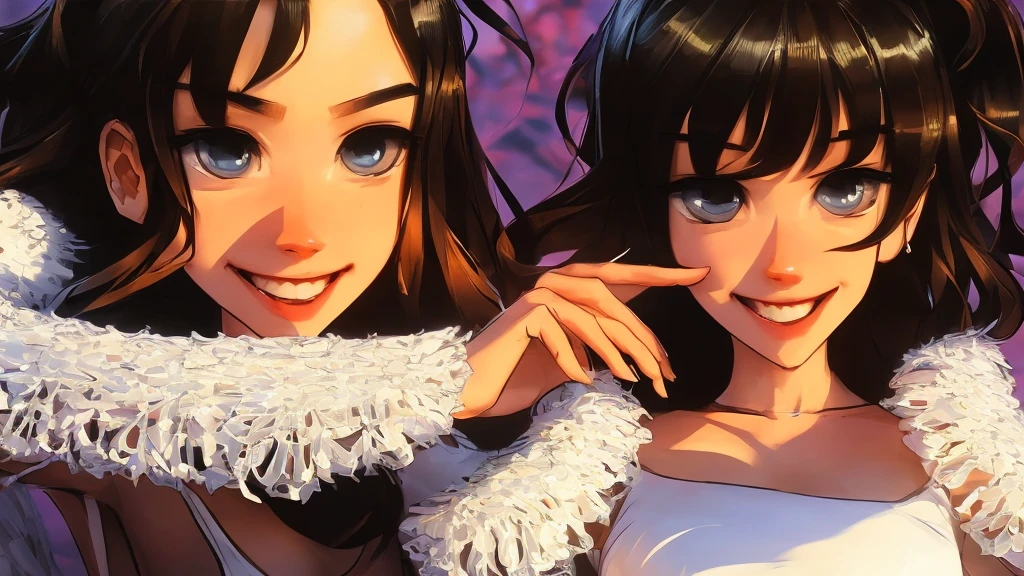 (Extremely-detailed, trending on Artstation, sharp focus, intricate details, highly detailed), (masterpiece:1.4), (best quality:1.4), depth of field, chromatic aberration, 3d animated cartoon, vibrant, colorful, Ink, Perfect Anatomy, (Dynamic pose:1.2), 1 girl, solo, brunette hair, Shoulder-Length Hair, Coarse Hair, Shoulder-Length Curls, wavy hair, black eyes, fine eyes, small breasts, collarbone, long sleeves, white crop top, frilled skirt, fingerless gloves,full body, smiling, arched back, attractive curves, slender athletic body
