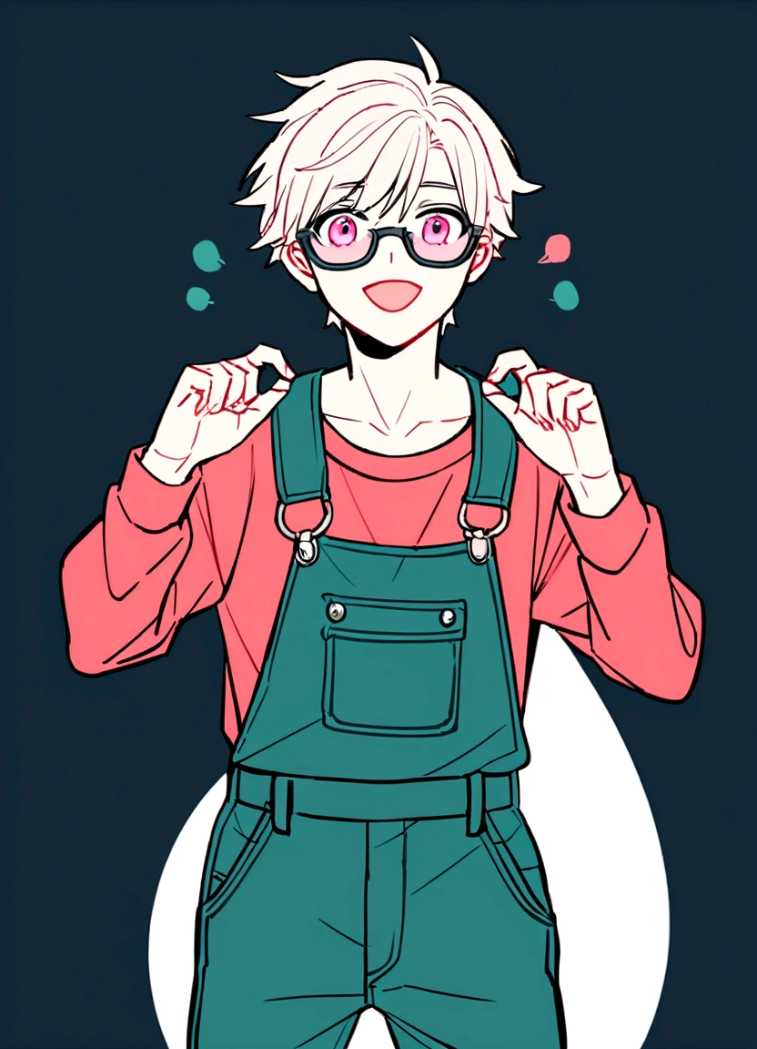 Create an anime-style illustration of a teenage boy. The boy should have a cheerful expression with an open mouth, similar to the girl in the reference image. He should have short, light-colored hair with a darker underlayer. The boy should wear glasses with pink-tinted lenses and a casual t-shirt with red sleeves. The background should be a simple, monochromatic teal with minimal line art details. The overall color palette should be consistent with the reference image, maintaining a light, pastel aesthetic.