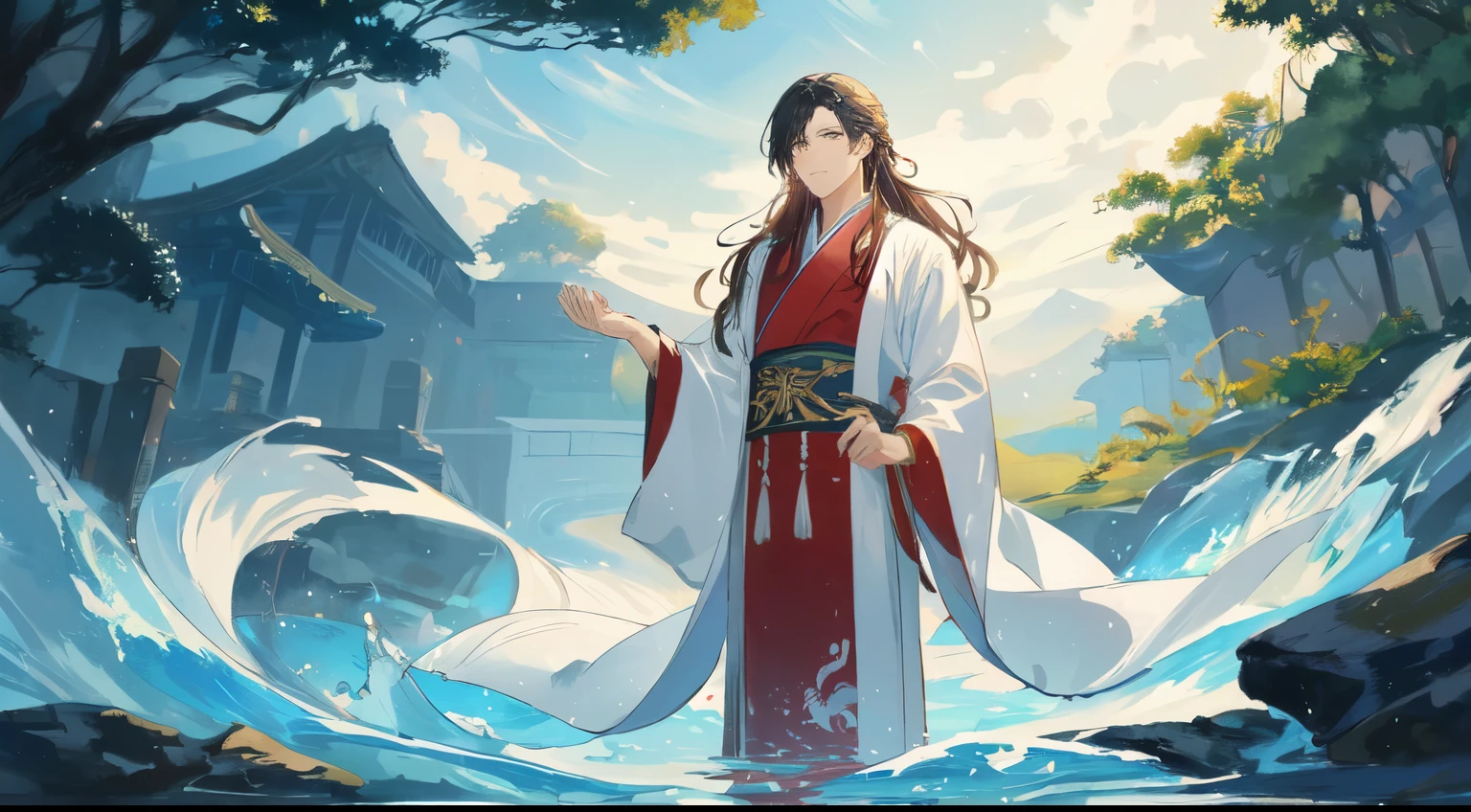 Painting of a man in palace clothes standing in water,Chinese Palace, flowing red robe,Clear facial expressions, Beautiful character painting, Long flowing hair and robes, Chinese painting style, Wearing a robe, Wearing Chinese clothes, Wearing a robe, Flowing Magic Robe, A beautiful fantasy art illustration