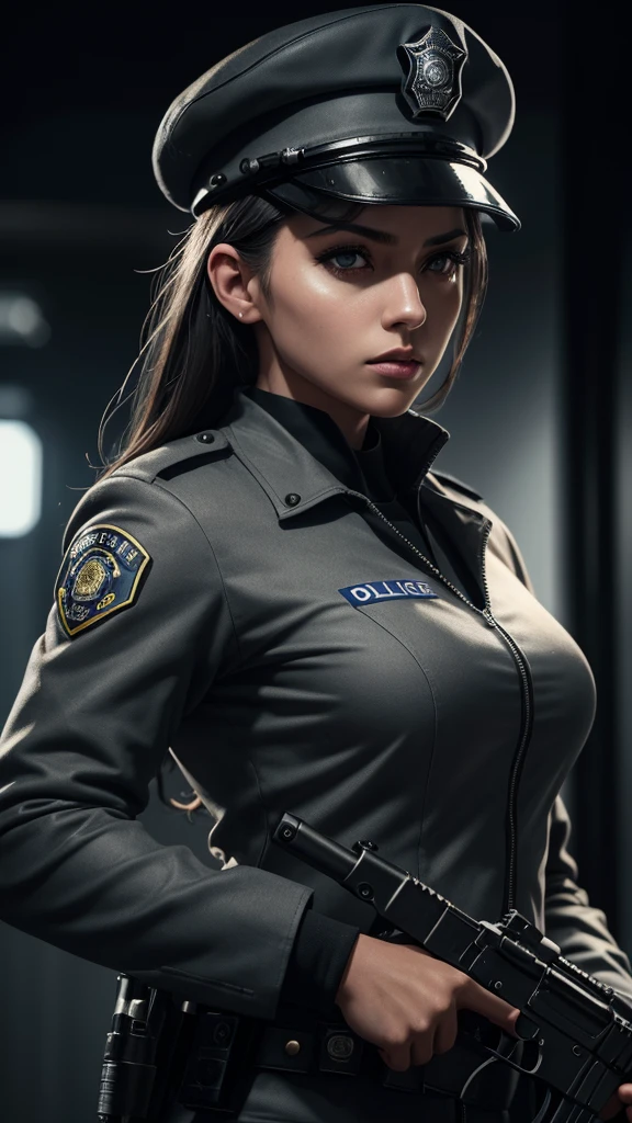 (best quality,4k,8k,highres,masterpiece:1.2),ultra-detailed,(realistic,photorealistic,photo-realistic:1.37),beautiful police woman,sharp focus,professional,portrait,blue uniform,confident expression,long flowing hair,stern gaze,intimidating presence,sleek sunglasses,badge of authority,straight posture,police badge,glistening handcuffs,dynamic lighting,dark background,vivid colors