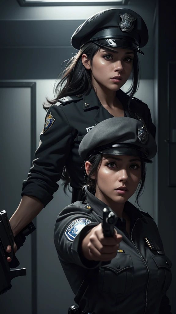 a beautiful female police officer in a grey uniform, black beret, pointing a gun, detailed face, detailed eyes, detailed lips, photorealistic, cinematic lighting, dramatic atmosphere, 8k, highly detailed, realistic, cinematic, dramatic, gritty, moody, intense, heroic, badass, powerful, strong, confident