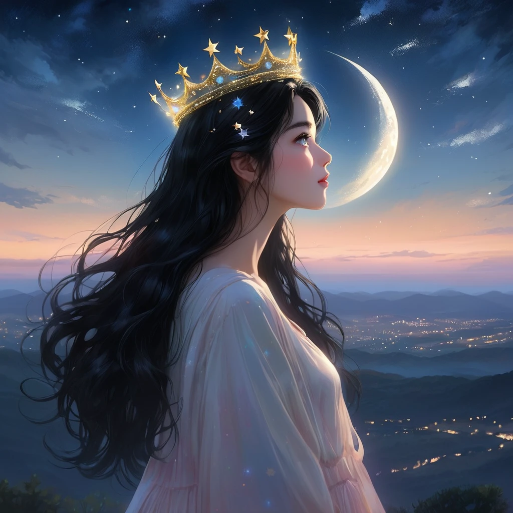universe (sky), girl in the center, con brillo estrellas en el sky, evening, 1 black hair girl with crown,evening sky, Alone, outdoor,, wide, looking at the moon in profile,moon