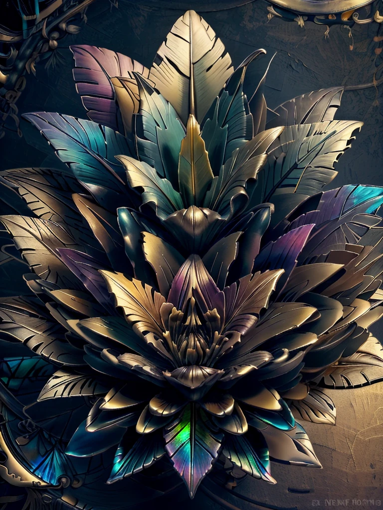 black tropical flowers made of transparen color liquids, an attractive iridescent fractal universal gold background, pov, masterpiece