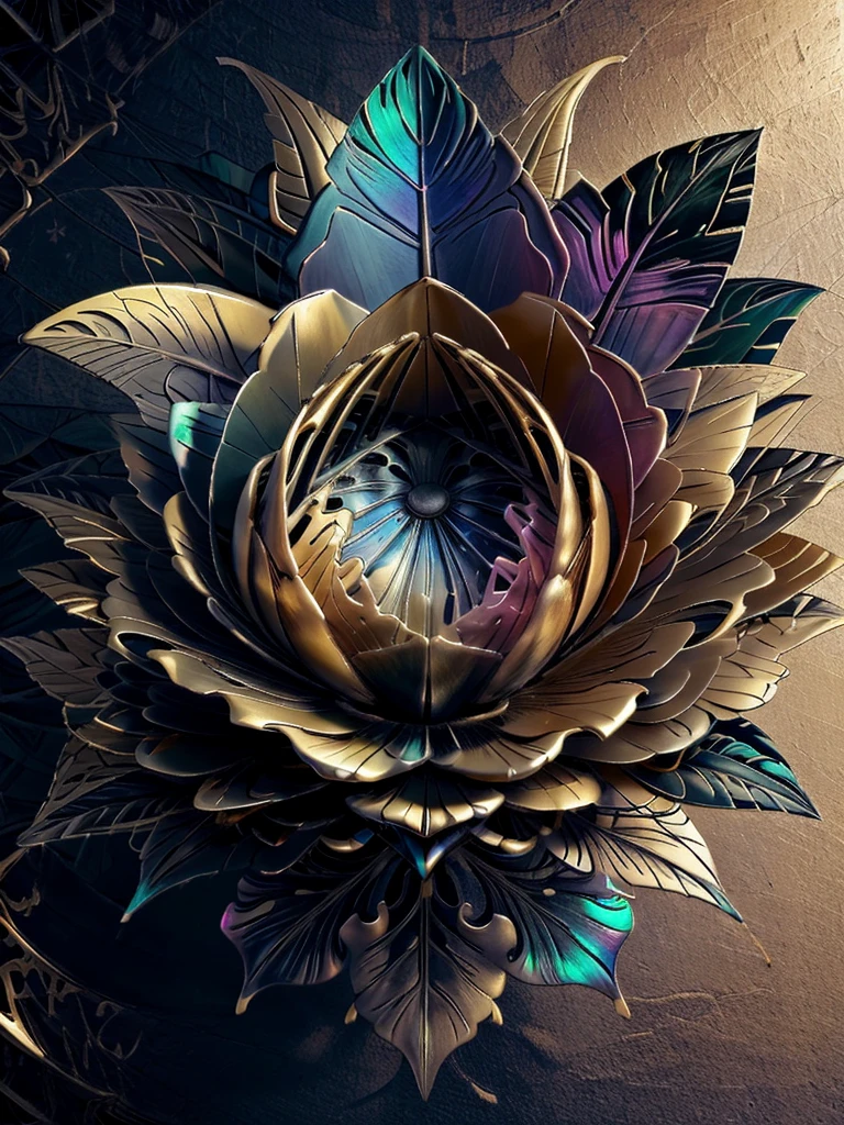 black tropical flowers made of transparen color liquids, an attractive iridescent fractal universal gold background, pov, masterpiece