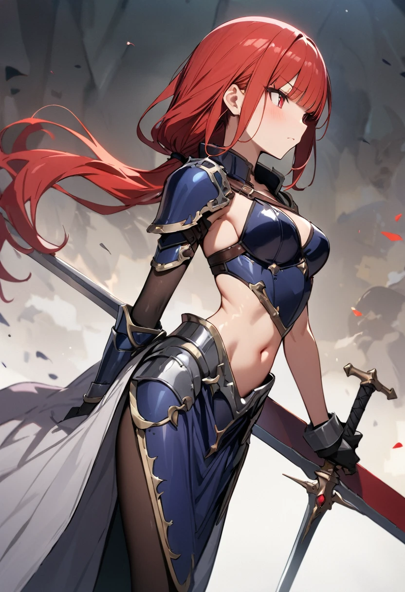 ((masterpiece,Highest quality:1.3)),cowboy shot,1woman,30 year old beauty,female knight,((very small head:1.2)),red hair,long hair,low ponytail,blunt bangs,red eyes,gorgeous eyes,Serious expression,medium breasts,((very long body:1.2)),((toned body,slender body,skinny)),gleaming skin,shiny skin,iron bikini armor、Iron Gauntlet、navel,Holding a sword、An accurate depiction of a knight&#39;s sword、prairie、The War of Many Knights、Medieval Europe、