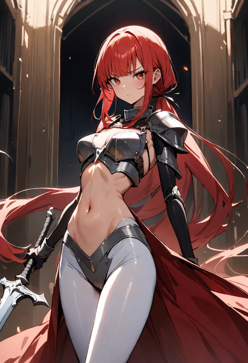 ((masterpiece,Highest quality:1.3)),cowboy shot,1woman,30 year old beauty,female knight,((very small head:1.2)),red hair,long hair,low ponytail,blunt bangs,red eyes,gorgeous eyes,Serious expression,medium breasts,((very long body:1.2)),((toned body,slender body,skinny)),gleaming skin,shiny skin,iron bikini armor、Iron Gauntlet、navel,Holding a sword、An accurate depiction of a knight's sword、prairie、The War of Many Knights、Medieval Europe、