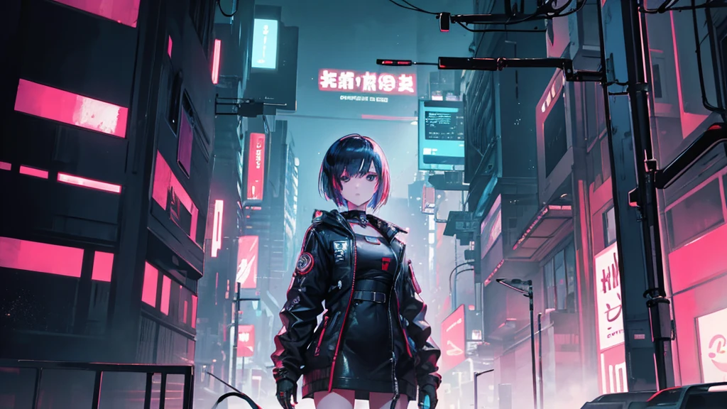android, mechanical body, cyberpunk background, 1girl, short hair