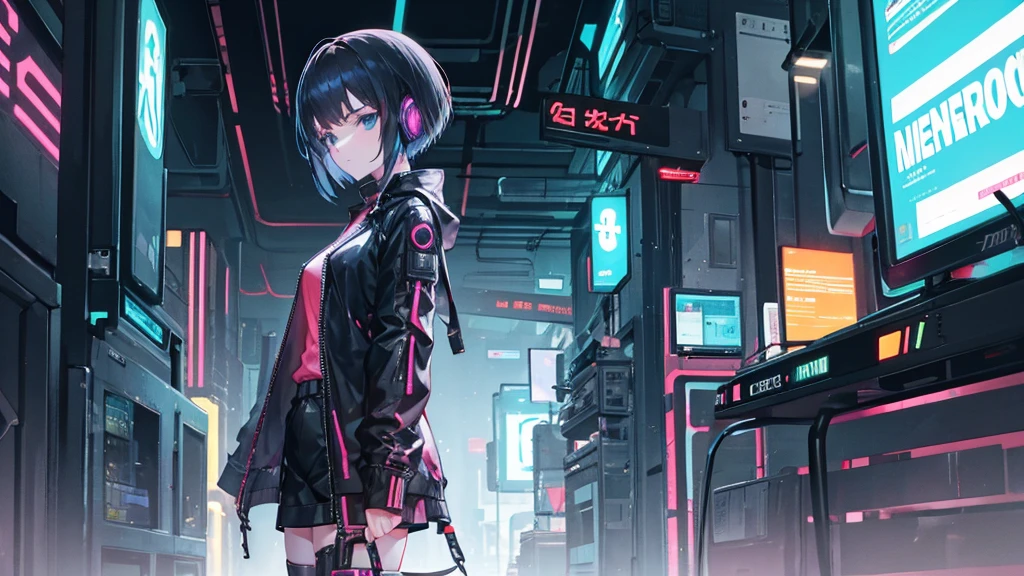 android, mechanical body, cyberpunk background, 1girl, short hair