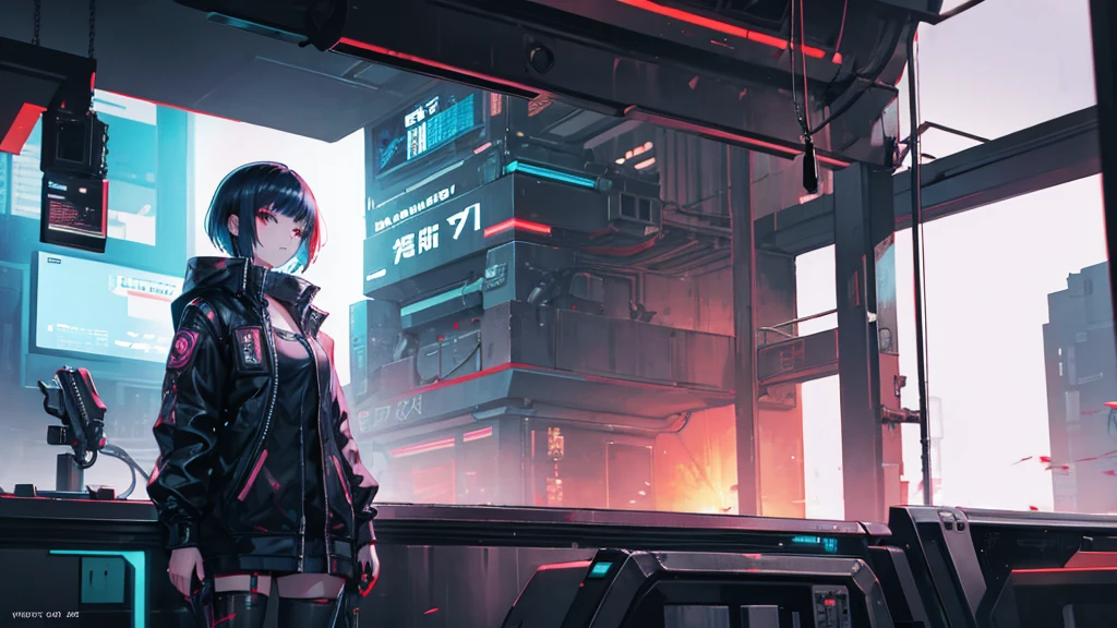 android, mechanical body, cyberpunk background, 1girl, short hair