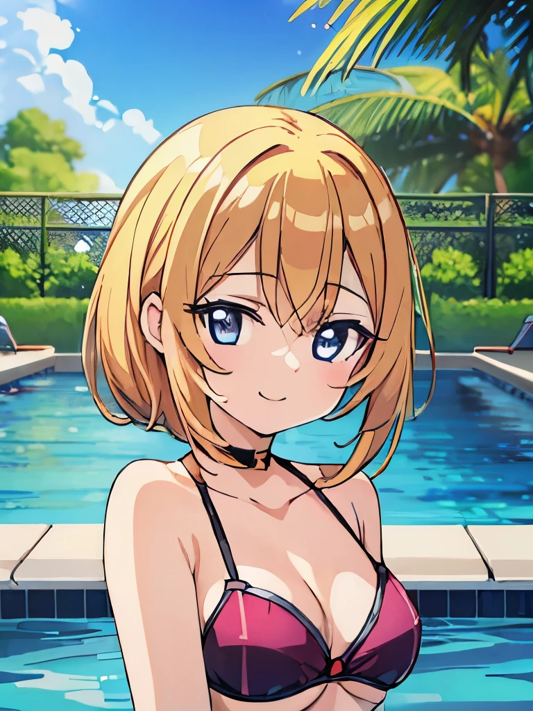 ((masterpiece)), ((best quality)), (ultra-detailed), anime style, pool, a cute girl, 1girl, solo, ((beautiful eyes)), smile, bikini00,
