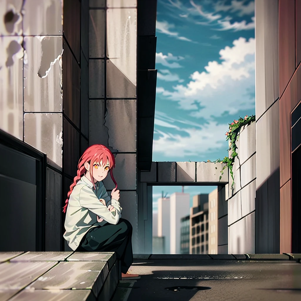 (masterpiece, best quality, detailed), 1girl, solo, looking at viewer, hat,
makima, ringed eyes, long hair, bangs, braided ponytail, sidelocks, edgBlkMage, wearing edgBlkMage, ruins, overgrown, rubble, pillar, outdoors, building, light rays, fog, squatting, from side, smile, closed mouth
