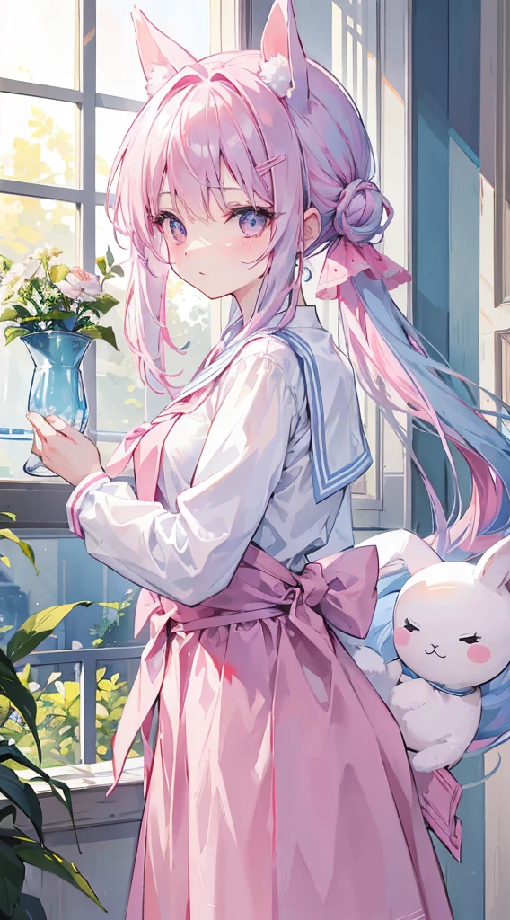 light blue long hair,,Pale pink eyes,hair tied to chest,Two pink hair ribbons,Tie hair to waist,Often wears sailor uniform,and a girl in pink plush slippers,issuance,The hair is a little upturned,Holding a little white rabbit doll in my arms,The uniform is a little bigger,sitted,Side view,k hd,There is a vase on the table,A flower in a vase,There is a window behind yoays of sunshinensfw, 1girl, big breasts, nude, nipples, breasts, navel, long hair, cum, hetero, pussy, vaginal, sweat, sex, 1boy, penis,