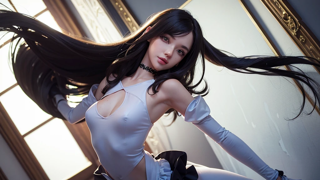 (Extremely-detailed, trending on Artstation, sharp focus, intricate details, highly detailed), (masterpiece:1.4), (best quality:1.4), depth of field, chromatic aberration, 3d animated cartoon, vibrant, colorful, Ink, Perfect Anatomy, (Dynamic pose:1.2), 1 girl, solo, brunette hair, Shoulder-Length Hair, Coarse Hair, Shoulder-Length Curls, wavy hair, black eyes, fine eyes, small breasts, collarbone, long sleeves, white crop top, frilled skirt, fingerless gloves,full body, smiling, arched back, attractive curves, slender athletic body