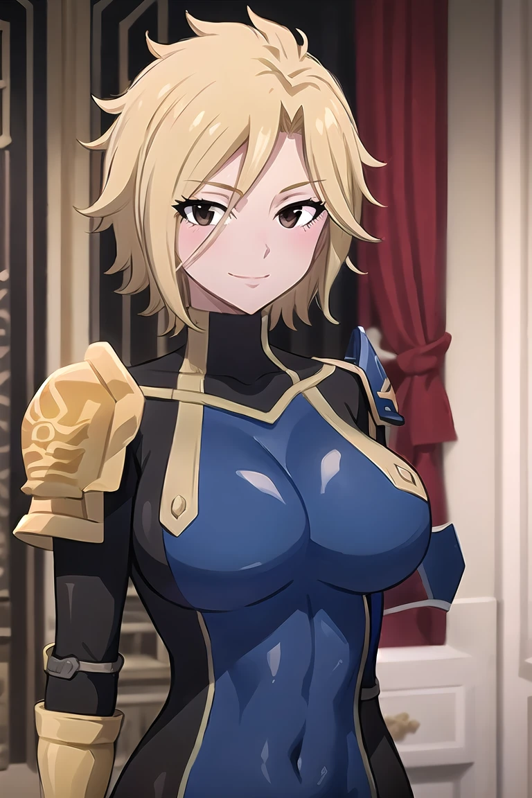 masterpiece, best quality, dimaria, 1girl, short hair, blonde hair, brown eyes, bodysuit, pauldron, shoulder pads, shoulder armor, boots, skin tight, covered navel, large breasts,closeup, upper body, smile, room, blush, big breasts, holding breasts, hand on own breasts,