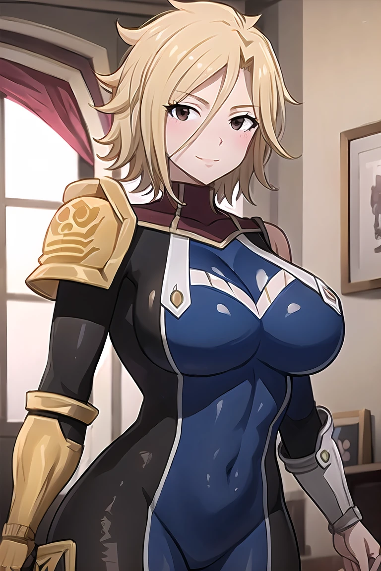 masterpiece, best quality, dimaria, 1girl, short hair, blonde hair, brown eyes, bodysuit, pauldron, shoulder pads, shoulder armor, boots, skin tight, covered navel, large breasts,closeup, upper body, smile, room, blush, big breasts, holding breasts, hand on own breasts, 