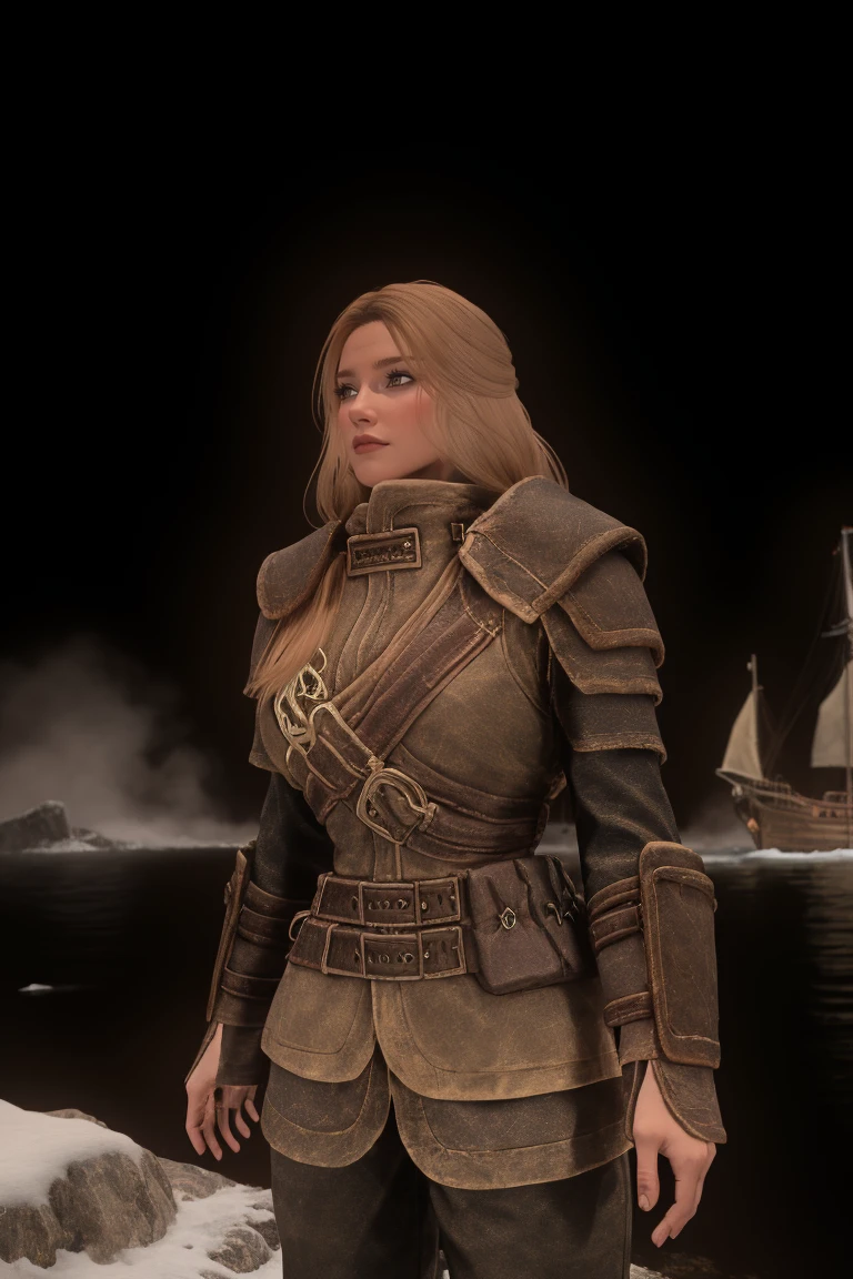A lone figure, a majestic female Breton, stands at the bow of a ship cutting through the icy waters as it sets sail towards the frozen wilderness of Skyrim. The warmth of her fur-lined cloak and the golden glint of her long hair are contrasted against the chill of the snowy daytime landscape. Her hood is thrown back, revealing a determined gaze, as she gazes out at the horizon.