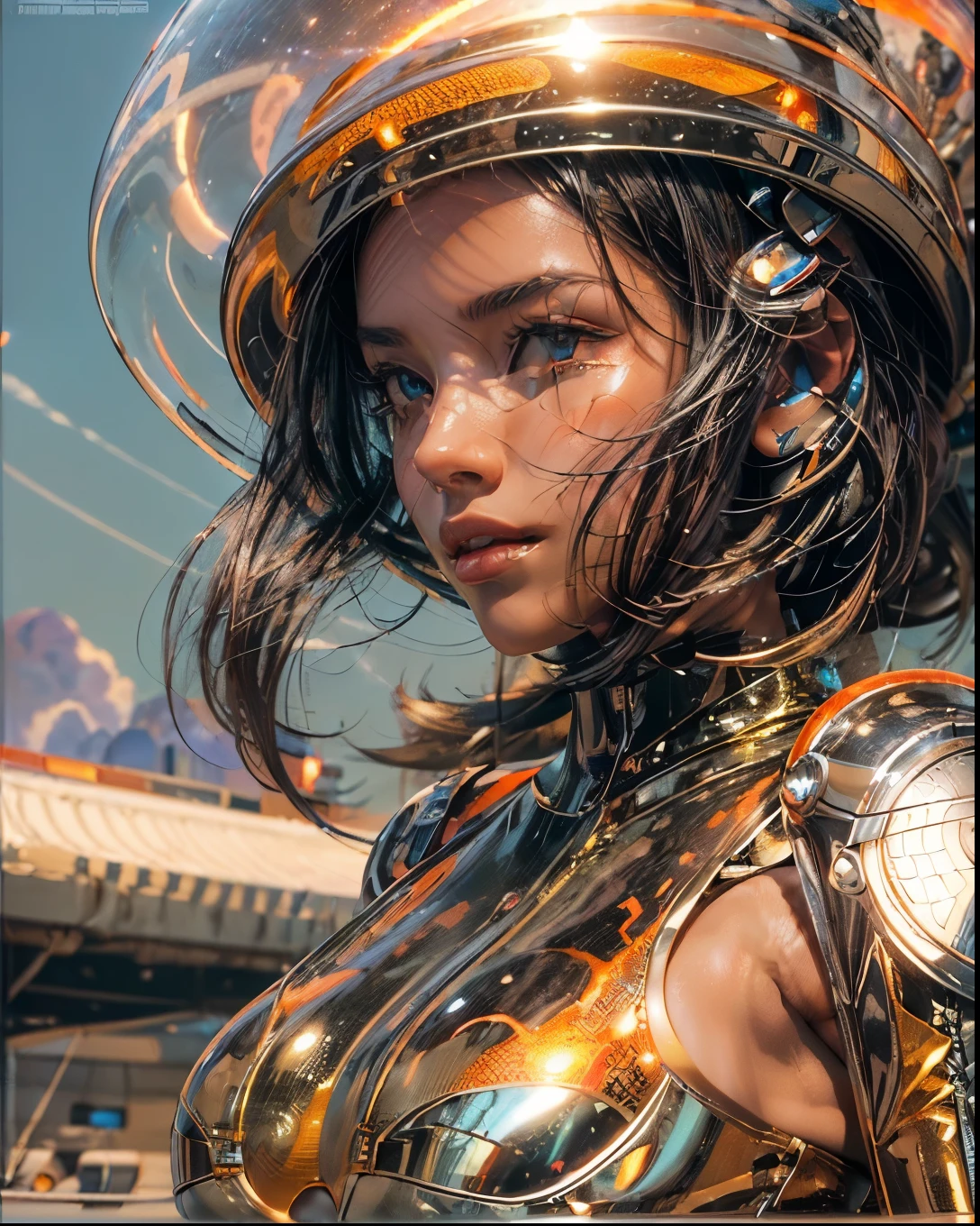 (((low angle shot))), ((1 woman staring at camera in a one piece ultra thin translucent bikini with gorgeous muscular long legs)), ((white gold orange black)), prismatic, reflective, ((ultra perfect flowing hairstyle)), (((huge natural breasts))), ((perfect radiant skin color)), ((super colourful)), (((cinematic sunset gorgeous skies))), (((detailed spaceship background and incredibly sci-fi retro art masterpiece))), (((1:1 scale proportions))), ((science fiction)), ((chrome spaceships)), (((ultra photorealistic realism))), ((Smooth curves, clean lines, streamlined, functional aesthetics, reflective surfaces, integrated lighting, giant floating spaceships, engraved Egyptian and spiritual motifs)), ((acrylic plastic motorcycle))