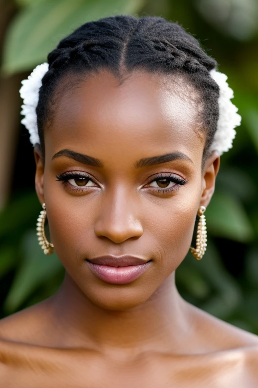 Belle jeune fille africaine, avec un profil de face et un regard droit et perçant, de longs cheveux bouclés tombant en cascade sur ses épaules, yeux bruns radieux, orné de bijoux en or, réaliste, peau très détaillée avec des pores visibles et une peau douce, texture souple, expressif, Des élèves bien définis, maquillage naturel mettant en valeur ses traits, brillant, Super haute définition, grain de film, faible profondeur de champ, centré, contraste élevé, portrait pris avec un Canon EOS R5, effet bokeh, éclairage chaleureux, évoquant une présence séduisante et fascinante.