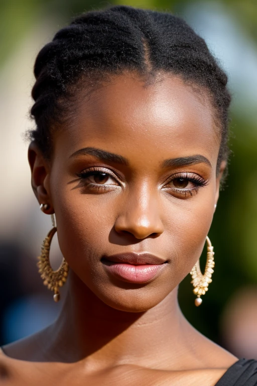 Belle jeune fille africaine, avec un profil de face et un regard droit et perçant, de longs cheveux bouclés tombant en cascade sur ses épaules, yeux bruns radieux, orné de bijoux en or, réaliste, peau très détaillée avec des pores visibles et une peau douce, texture souple, expressif, Des élèves bien définis, maquillage naturel mettant en valeur ses traits, brillant, Super haute définition, grain de film, faible profondeur de champ, centré, contraste élevé, portrait pris avec un Canon EOS R5, effet bokeh, éclairage chaleureux, évoquant une présence séduisante et fascinante.