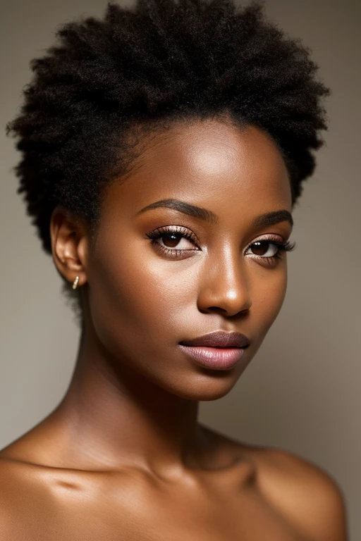 Belle jeune fille africaine, avec un profil de face et un regard droit et perçant, de longs cheveux bouclés tombant en cascade sur ses épaules, yeux bruns radieux, orné de bijoux en or, réaliste, peau très détaillée avec des pores visibles et une peau douce, texture souple, expressif, Des élèves bien définis, maquillage naturel mettant en valeur ses traits, brillant, Super haute définition, grain de film, faible profondeur de champ, centré, contraste élevé, portrait pris avec un Canon EOS R5, effet bokeh, éclairage chaleureux, évoquant une présence séduisante et fascinante.