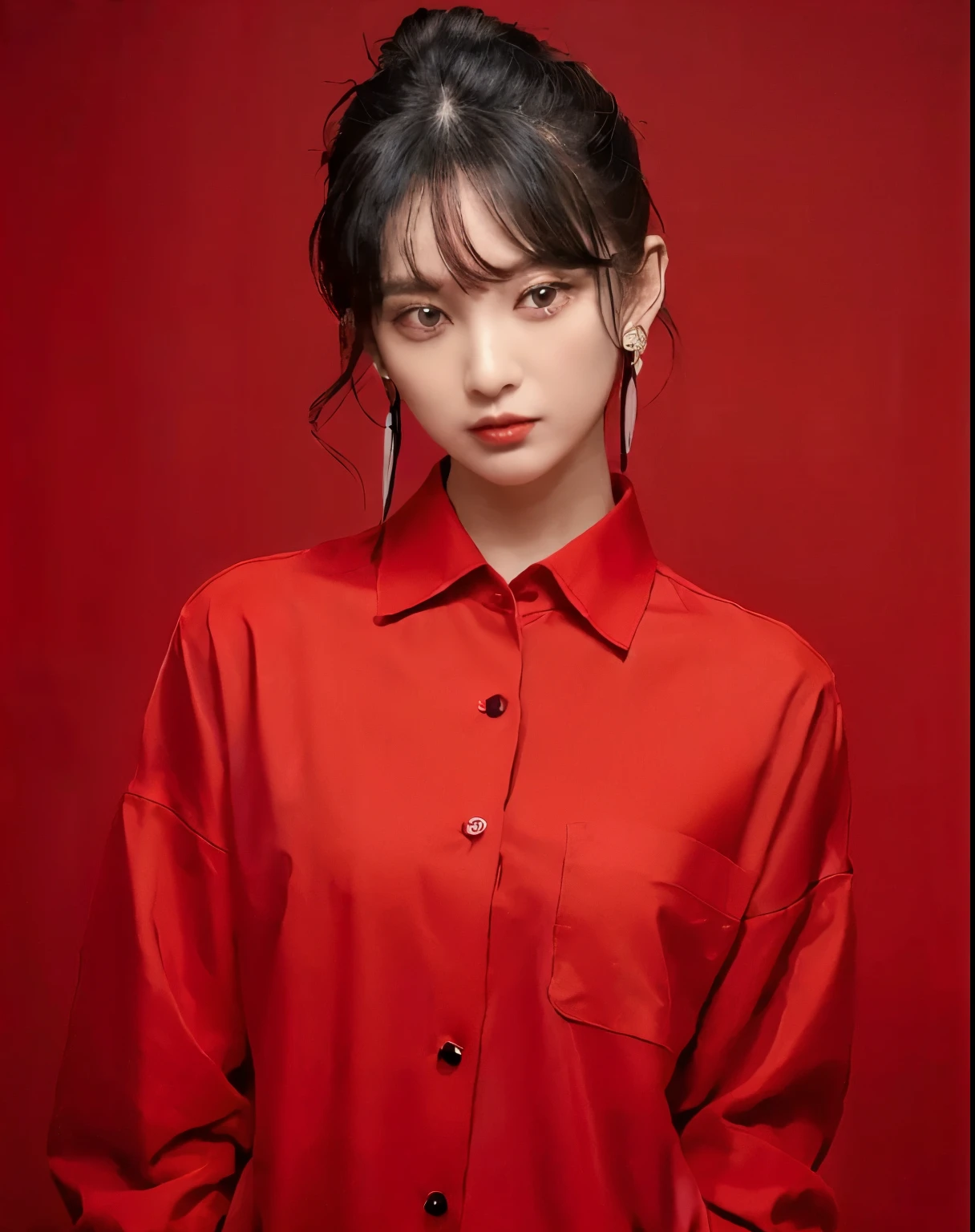 break (red theme:1.4), (chin out&Oversized red collar shirt with button-up details、red shirt hem:1.5), (long sleeves:1.2), ((clavicle, wrist):1.3),
break (Black Themes:1.2), (Black tight long pants:1.2), (Ankle:1.3), (high heel:1.2), ((necklace, earring):1.2),