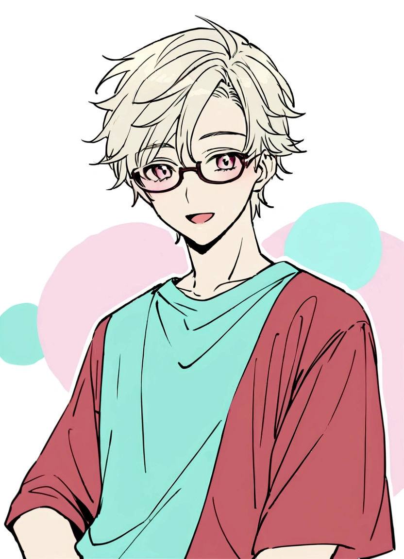 Create an anime-style illustration of a boy. The boy should have a cheerful expression with an open mouth, similar to the girl in the reference image. He should have short, light-colored hair with a darker underlayer. The boy should wear glasses with pink-tinted lenses and a casual t-shirt with red sleeves. The background should be a simple, monochromatic teal with minimal line art details. The overall color palette should be consistent with the reference image, maintaining a light, pastel aesthetic.