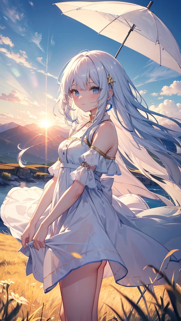 Masterpiece, highres, 1 girl, wallpaper. A young beautiful girl with white hair, white skin, blue eyes. She has long hair, her hair blows in the wind. She wears a red beautiful dress, looks at viewer and holds a long umbrella. A breathtaking landscape, with vibrant colors illuminating the sky. The sun is at high noon , casting golden rays across the landscape. The sky is a gradient of warm colors The entire scene is serene and majestic, capturing the beauty of the girl. The landscape is mountain
