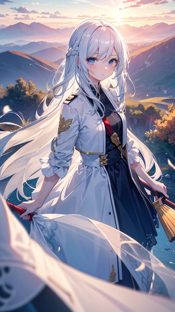 Masterpiece, highres, 1 girl, wallpaper. A young beautiful girl with white hair, white skin, blue eyes. She has long hair, her hair blows in the wind. She wears a red beautiful dress, looks at viewer and holds a long umbrella. A breathtaking landscape, with vibrant colors illuminating the sky. The sun is at high noon , casting golden rays across the landscape. The sky is a gradient of warm colors The entire scene is serene and majestic, capturing the beauty of the girl. The landscape is mountain