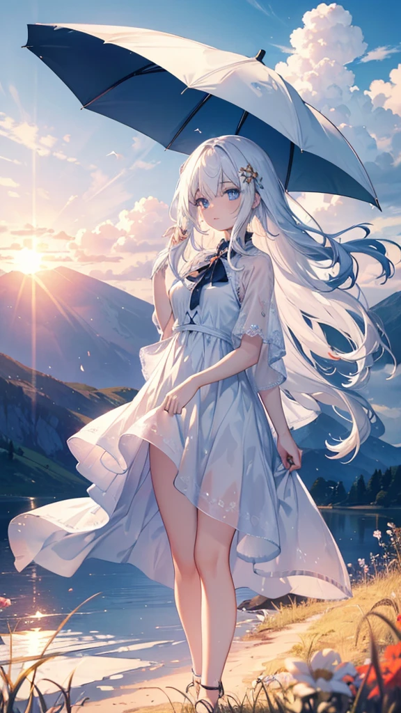 Masterpiece, highres, 1 girl, wallpaper. A young beautiful girl with white hair, white skin, blue eyes. She has long hair, her hair blows in the wind. She wears a red beautiful dress, looks at viewer and holds a long umbrella. A breathtaking landscape, with vibrant colors illuminating the sky. The sun is at high noon , casting golden rays across the landscape. The sky is a gradient of warm colors The entire scene is serene and majestic, capturing the beauty of the girl. The landscape is mountain