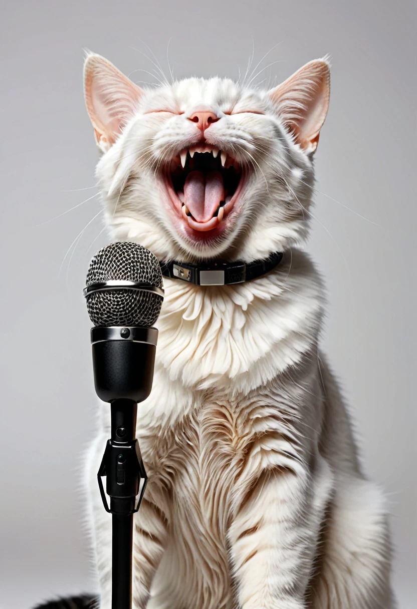 amazing quality, ultra detailed, super realistic, cat rock , happy cat, cute cat, white cat, kind and cutty cat, concert, smile, singing, extremely detailed, there is a cat that is singing song, happy cat, a cat is smiling, smiling cat, happy with his mouth open, funny cat, soft lulling tongue, cat photo, laughing and yelling, cute cat photo, with mouth open, cat, smileeeeeee, photo of a cat, white background, music playing, cat singing with microphone, mouse open, realistic cat. eyes closed in pleasure, red collar. A cat has 30 teeth: 14 are located on the upper jaw, another 16 on the lower jaw. Of these, four are canines (two per jaw), 12 are incisors (6 per jaw), and the remaining 14 are so-called molars, that is, molars and premolars. make teeth natural looking and detailed.